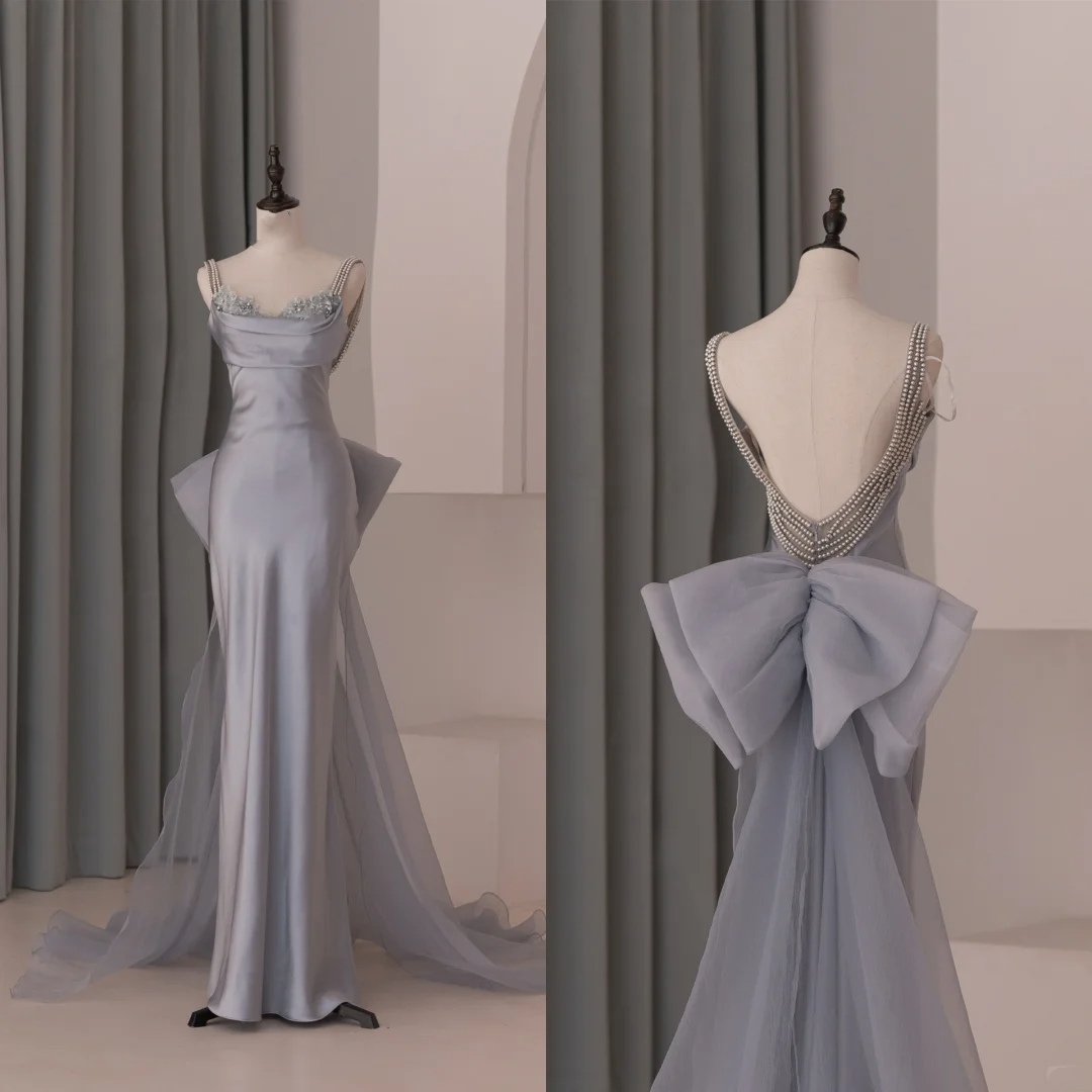 Robe de bal longue en organza gris poudré, style sirène, bretelles spaghetti, style lycée, RB1075