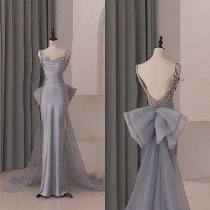 Robe de bal longue en organza gris poudré, style sirène, bretelles spaghetti, style lycée, RB1075