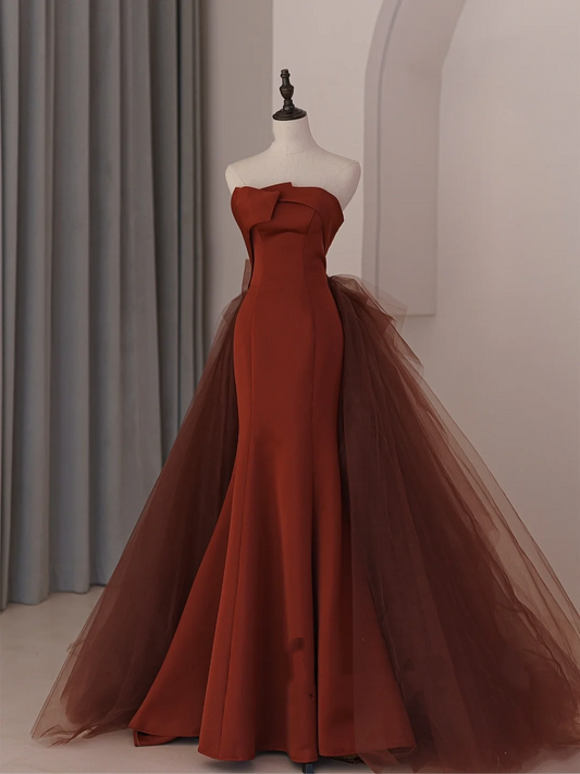 Modest Trendy Mermaid Strapless Rust Red Satin Pleated Prom Dresses Style Long Senior High School Party Dress RB1076