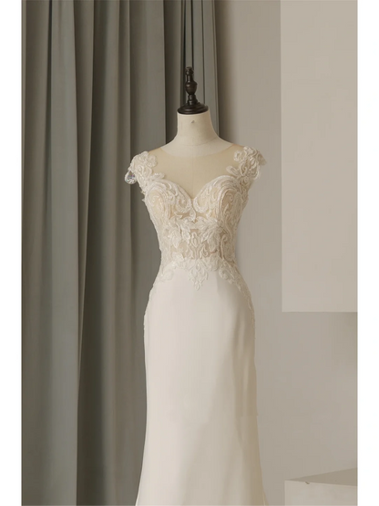 Robe de mariée sirène modeste, col en V, manches courtes, en dentelle blanche, ajustée, style longue, robes de mariée RB1077