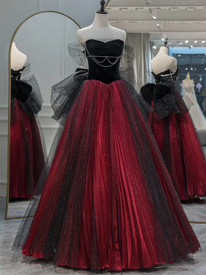 Robe de bal modeste en tulle bordeaux noir, décolleté en cœur, robe de soirée longue, tenue d'anniversaire, robe de remise de diplôme pour adolescentes, RB1079
