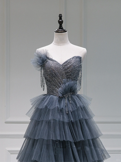 Robe de bal longue en tulle gris, décolleté en cœur, robe de soirée unique, robe d'anniversaire, robe de remise de diplôme, RB1082