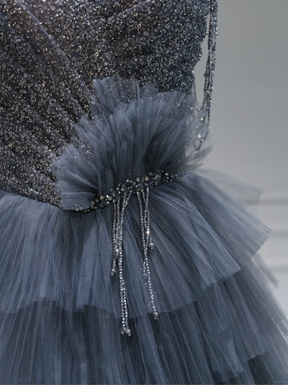 Robe de bal longue en tulle gris, décolleté en cœur, robe de soirée unique, robe d'anniversaire, robe de remise de diplôme, RB1082