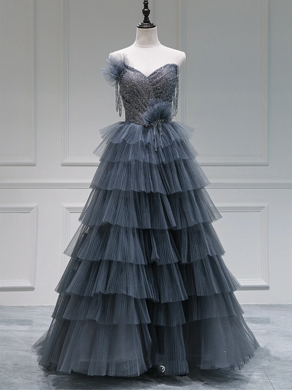 Robe de bal longue en tulle gris, décolleté en cœur, robe de soirée unique, robe d'anniversaire, robe de remise de diplôme, RB1082
