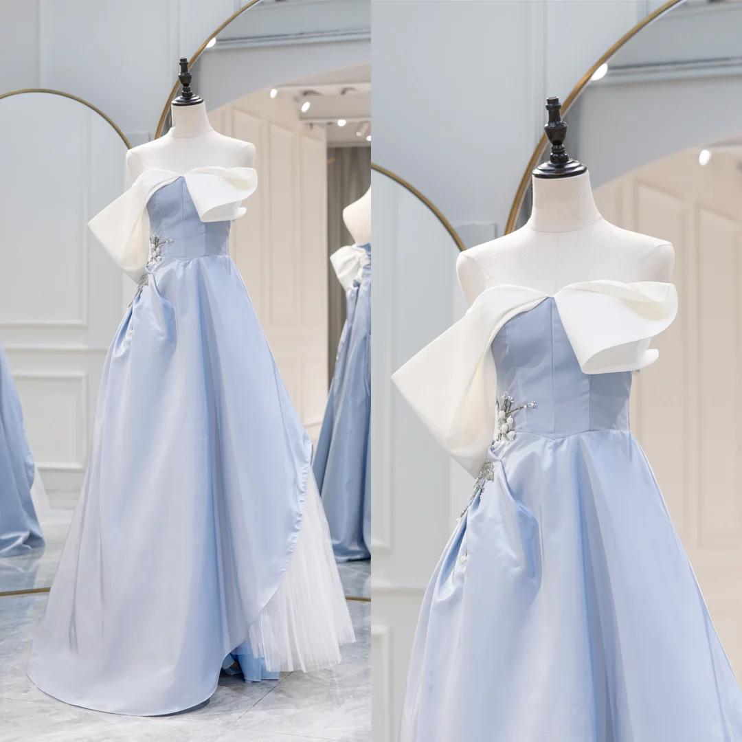 Robe de bal unique sans bretelles en satin bleu, robe de bal longue, robe de soirée, tenue d'anniversaire, robe de remise de diplôme, RB1085
