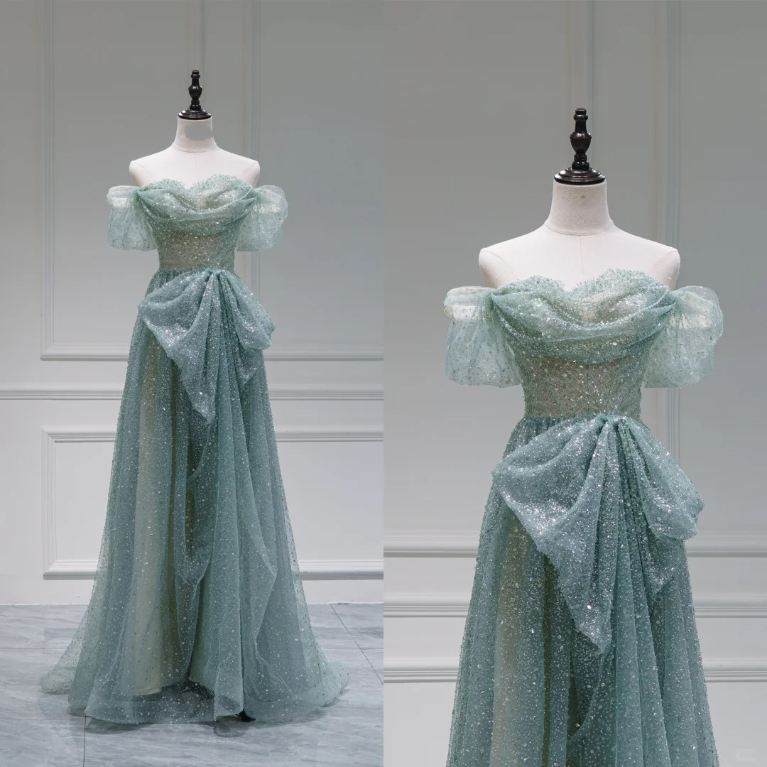 Robe de bal modeste et tendance, épaules dénudées, paillettes, plissée, style longue, pour lycée, RB1086
