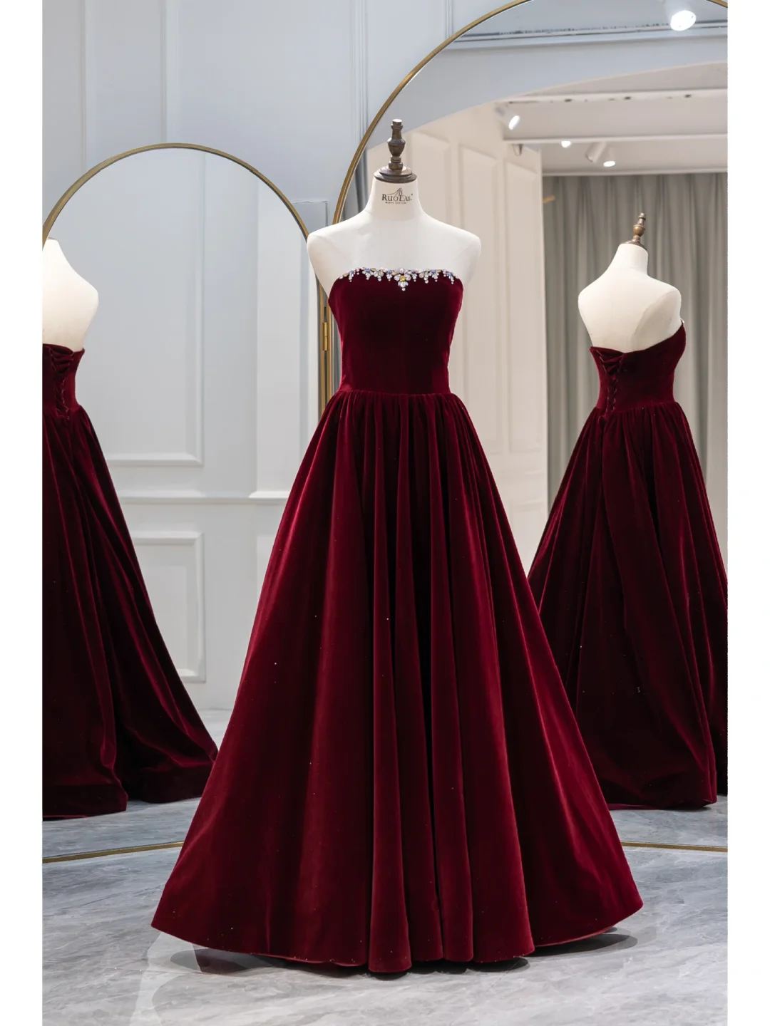 Robe de bal modeste sans bretelles en velours bordeaux, robe de bal longue, tenue de soirée, d'anniversaire, de remise de diplôme, pour adolescentes, RB1088