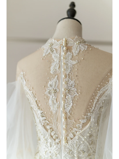 Elegant Mermaid High Neck Long Sleeves Lace White Fitted Wedding Dress Styles Long Bridal Gown Wedding Gowns RB1090