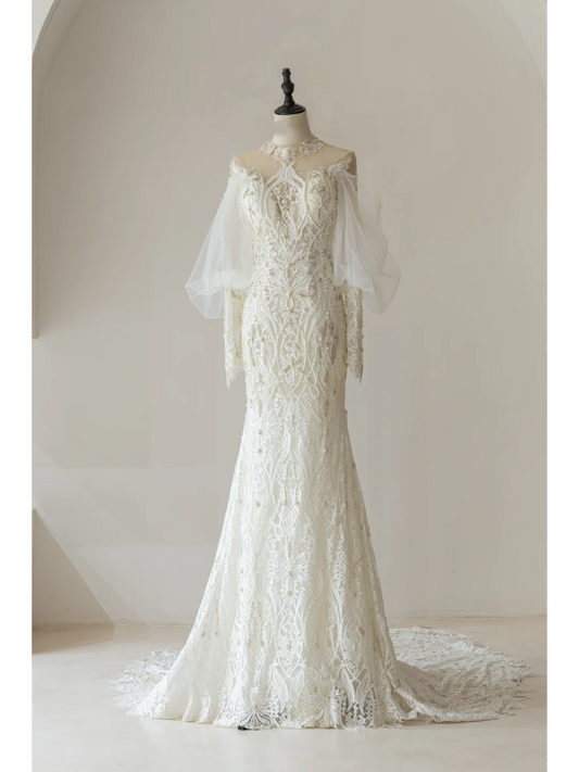 Elegant Mermaid High Neck Long Sleeves Lace White Fitted Wedding Dress Styles Long Bridal Gown Wedding Gowns RB1090