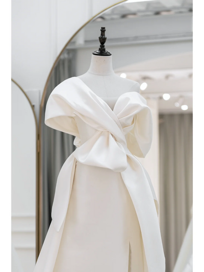 Robe de mariée élégante, style sirène, épaules dénudées, manches courtes, satin, blanc uni, ajustée, style longue, RB1091
