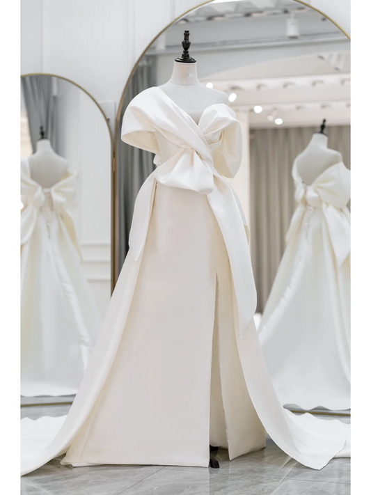 Elegant Mermaid Trumpet Off The Shoulder Short Sleeves Satin Solid White Fitted Wedding Dress Styles Long Bridal Gown Wedding Gowns RB1091
