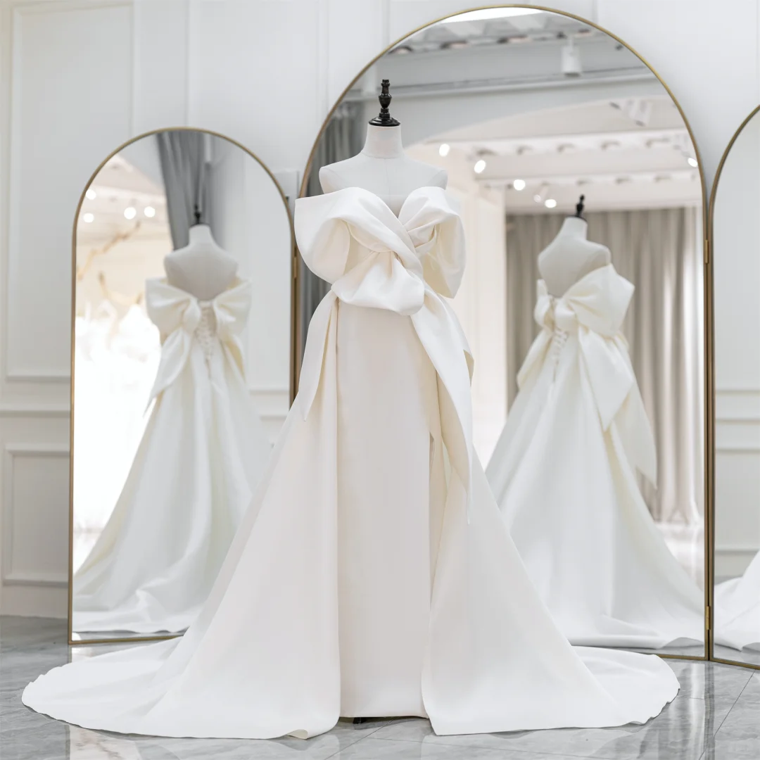 Robe de mariée élégante, style sirène, épaules dénudées, manches courtes, satin, blanc uni, ajustée, style longue, RB1091