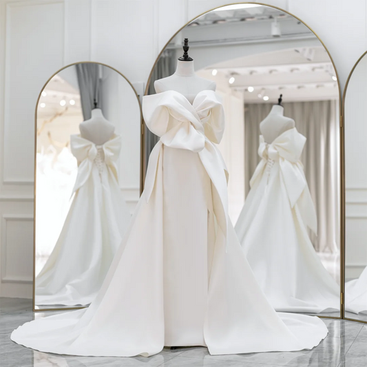 Elegant Mermaid Trumpet Off The Shoulder Short Sleeves Satin Solid White Fitted Wedding Dress Styles Long Bridal Gown Wedding Gowns RB1091