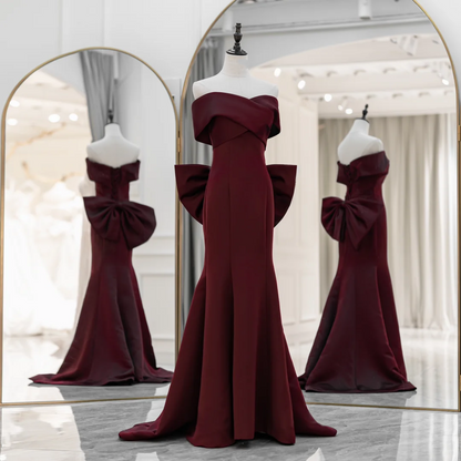 Robe de bal sirène modeste, épaules dénudées, en satin bordeaux, longue, tenue de soirée, d'anniversaire, de remise de diplôme, pour adolescentes, RB1092