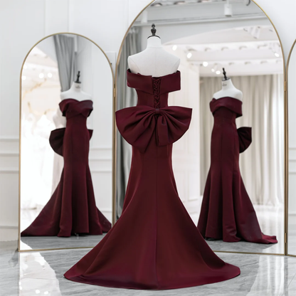 Robe de bal sirène modeste, épaules dénudées, en satin bordeaux, longue, tenue de soirée, d'anniversaire, de remise de diplôme, pour adolescentes, RB1092