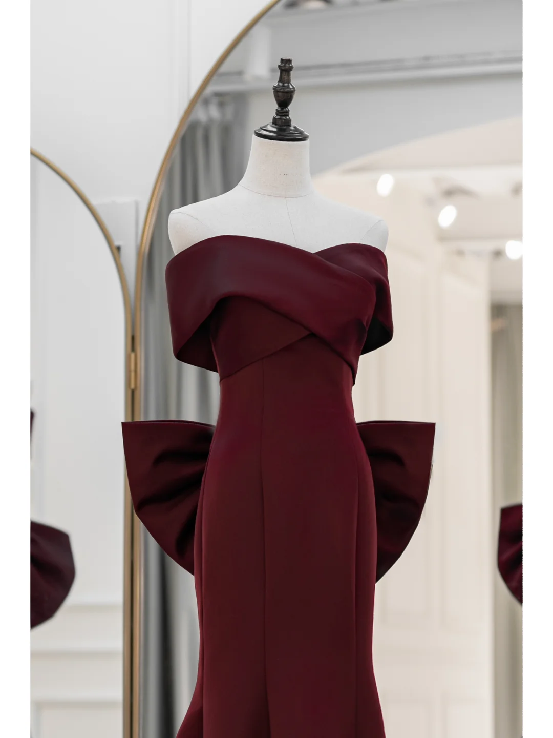 Robe de bal sirène modeste, épaules dénudées, en satin bordeaux, longue, tenue de soirée, d'anniversaire, de remise de diplôme, pour adolescentes, RB1092
