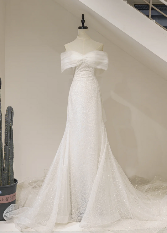 Elegant Mermaid Trumpet Off The Shoulder Short Sleeves Sequin Solid White Fitted Wedding Dress Styles Long Bridal Gown Wedding Gowns RB1099