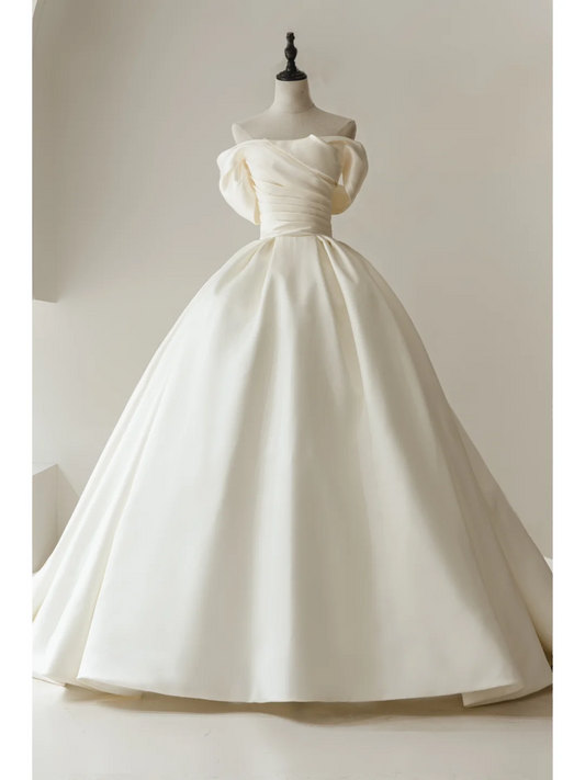 Modest Ball Gown Off The Shoulder Fitted White Satin Corset Wedding Dress Styles Long Bridal Gown Wedding Gowns RB1101