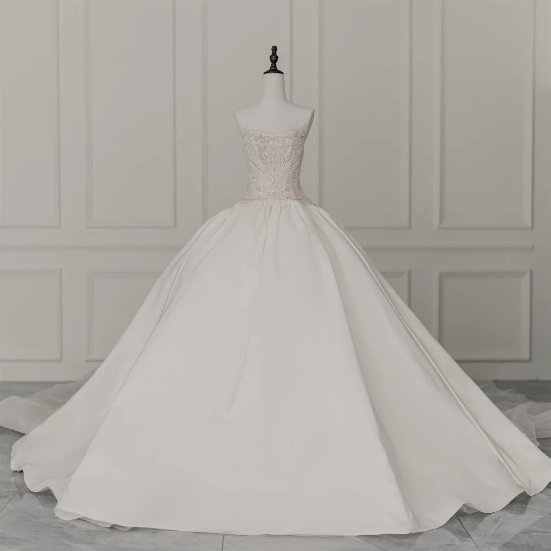 Robe de mariée élégante et modeste, sans bretelles, sans manches, avec corset et perles blanches, style robe de mariée longue, RB1102