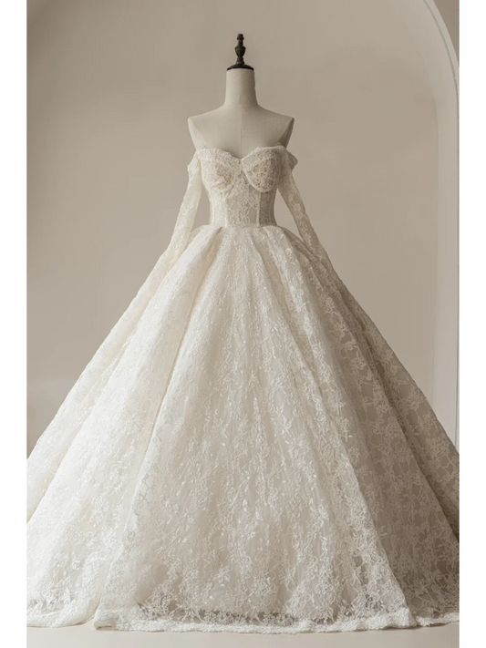Elegant Ball Gown Off The Shoulder Long Sleeves Lace White Fitted Wedding Dress Styles Long Bridal Gown Wedding Gowns RB1109