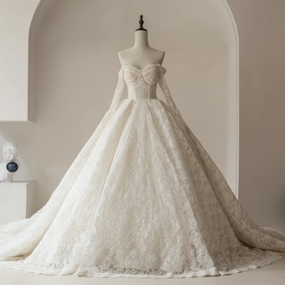 Elegant Ball Gown Off The Shoulder Long Sleeves Lace White Fitted Wedding Dress Styles Long Bridal Gown Wedding Gowns RB1109