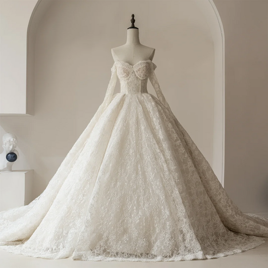 Elegant Ball Gown Off The Shoulder Long Sleeves Lace White Fitted Wedding Dress Styles Long Bridal Gown Wedding Gowns RB1109