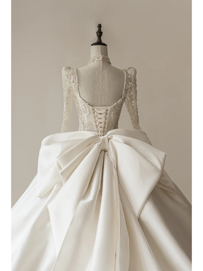 Robe de mariée sirène modeste, col carré, manches longues, corset en satin ajusté, robe de mariée longue perlée, robes de mariée RB1110
