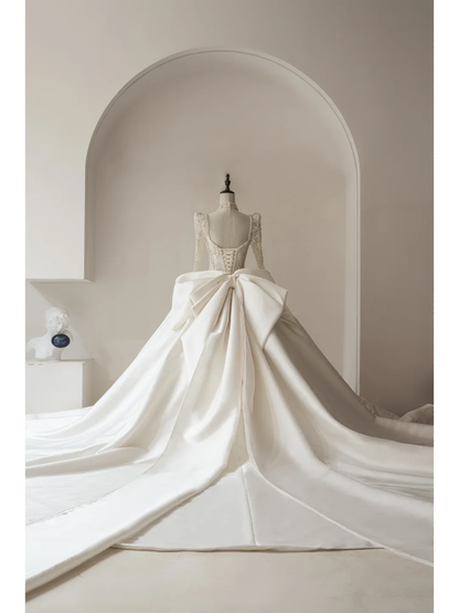 Robe de mariée sirène modeste, col carré, manches longues, corset en satin ajusté, robe de mariée longue perlée, robes de mariée RB1110