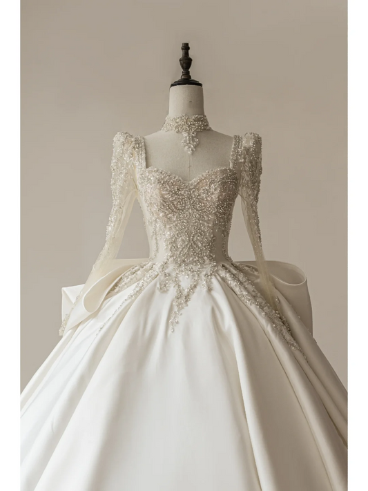 Modest Ball Gown Square Neck Long Sleeves Fitted Satin Corset Wedding Dress Beaded Long Bridal Gown Wedding Gowns RB1110