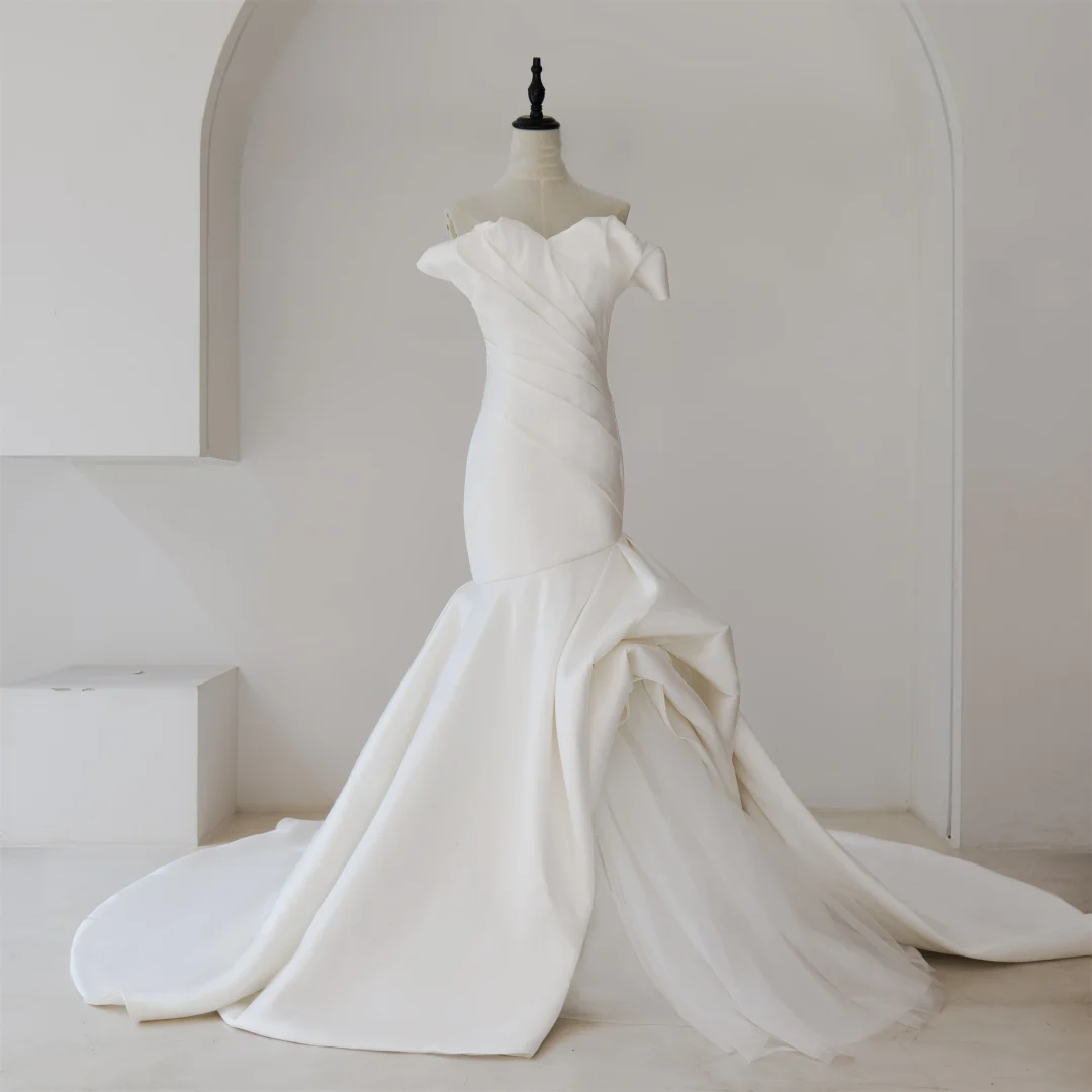 Robe de mariée sirène modeste en satin plissé, décolleté en cœur, corset, style longue, RB1116