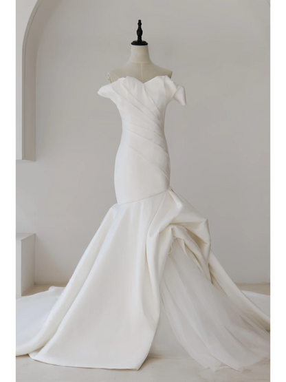 Robe de mariée sirène modeste en satin plissé, décolleté en cœur, corset, style longue, RB1116