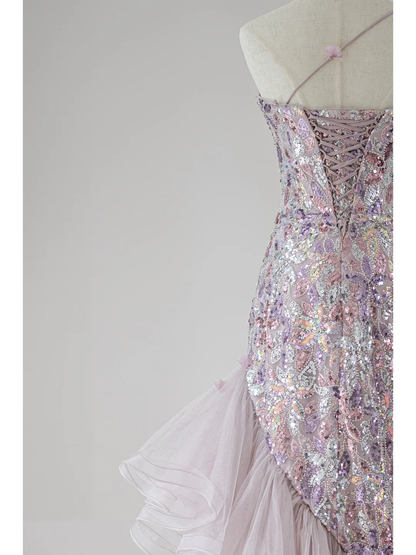 Robe de bal sirène modeste à une épaule et paillettes lilas, longue robe de soirée pour 18e anniversaire, robe de remise de diplôme pour adolescentes RB1119