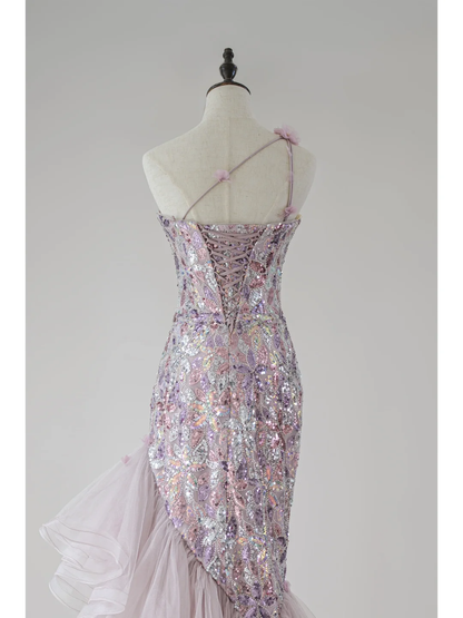 Robe de bal sirène modeste à une épaule et paillettes lilas, longue robe de soirée pour 18e anniversaire, robe de remise de diplôme pour adolescentes RB1119