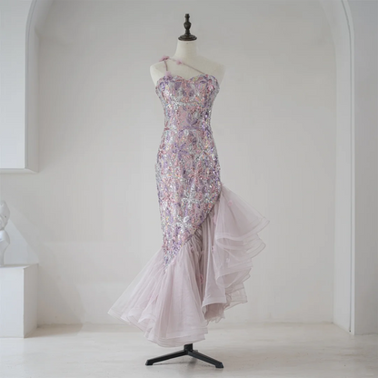 Robe de bal sirène modeste à une épaule et paillettes lilas, longue robe de soirée pour 18e anniversaire, robe de remise de diplôme pour adolescentes RB1119