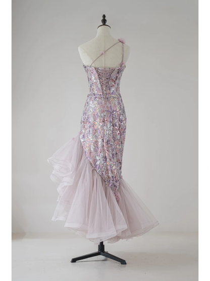 Robe de bal sirène modeste à une épaule et paillettes lilas, longue robe de soirée pour 18e anniversaire, robe de remise de diplôme pour adolescentes RB1119