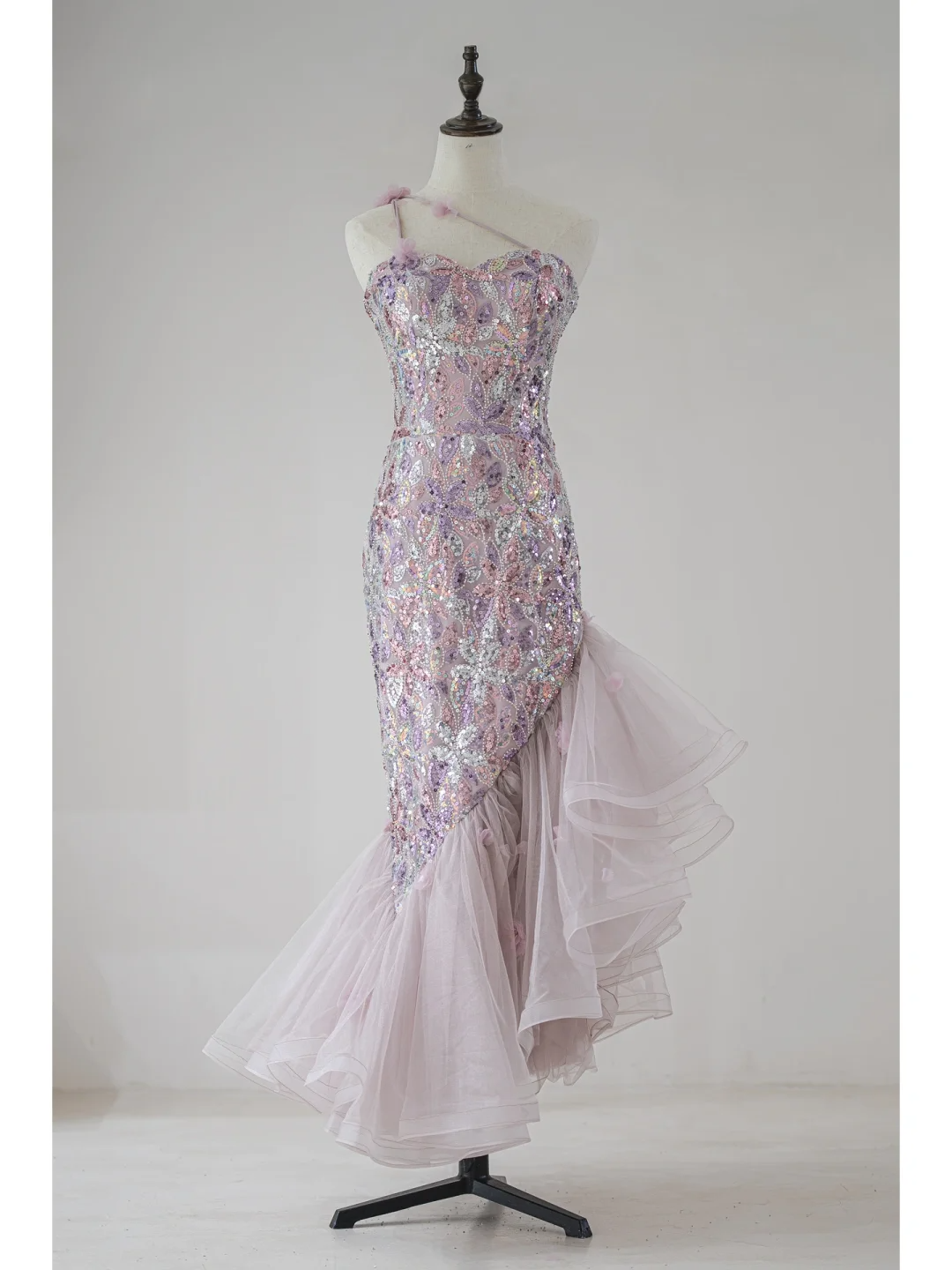 Robe de bal sirène modeste à une épaule et paillettes lilas, longue robe de soirée pour 18e anniversaire, robe de remise de diplôme pour adolescentes RB1119