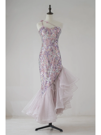 Robe de bal sirène modeste à une épaule et paillettes lilas, longue robe de soirée pour 18e anniversaire, robe de remise de diplôme pour adolescentes RB1119