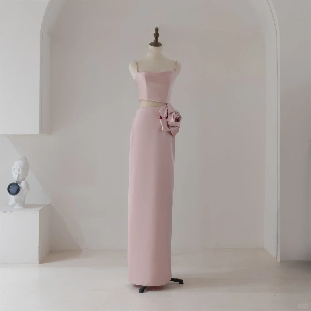 Robe de bal longue rose unie à bretelles spaghetti, style fourreau, tendance et modeste, idéale pour le lycée ou pour danser, RB1122
