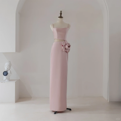 Robe de bal longue rose unie à bretelles spaghetti, style fourreau, tendance et modeste, idéale pour le lycée ou pour danser, RB1122