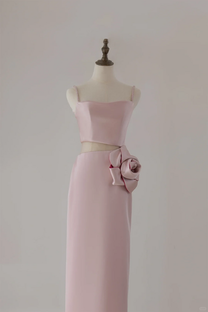 Robe de bal longue rose unie à bretelles spaghetti, style fourreau, tendance et modeste, idéale pour le lycée ou pour danser, RB1122