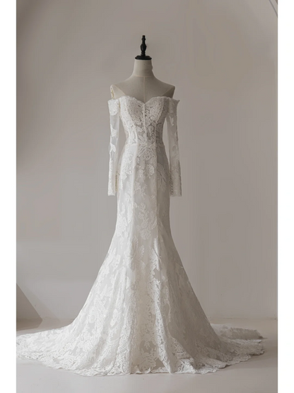Robe de mariée sirène modeste à épaules dénudées et manches longues, ajustée, en dentelle, corset, longue, robes de mariée RB1123