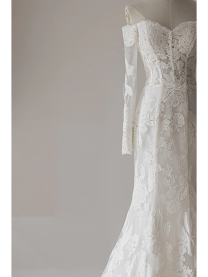 Robe de mariée sirène modeste à épaules dénudées et manches longues, ajustée, en dentelle, corset, longue, robes de mariée RB1123