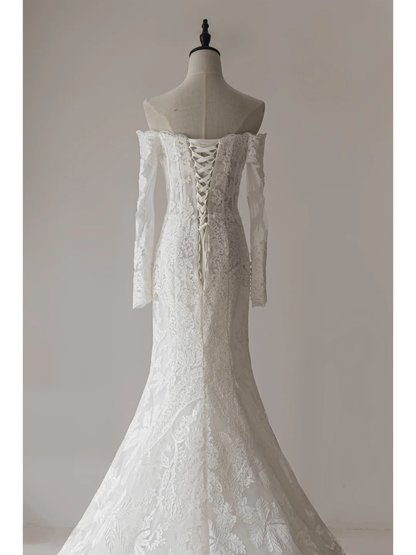 Robe de mariée sirène modeste à épaules dénudées et manches longues, ajustée, en dentelle, corset, longue, robes de mariée RB1123
