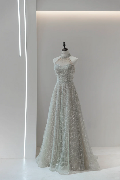 Robe de bal longue grise à paillettes, col montant, coupe trapèze, tenue de soirée, d'anniversaire, de remise de diplôme, pour adolescentes, RB1124