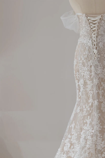 Modest Mermaid Off The Shoulder Short Sleeves Fitted Lace Corset Wedding Dress Long Bridal Gown Wedding Gowns RB1125
