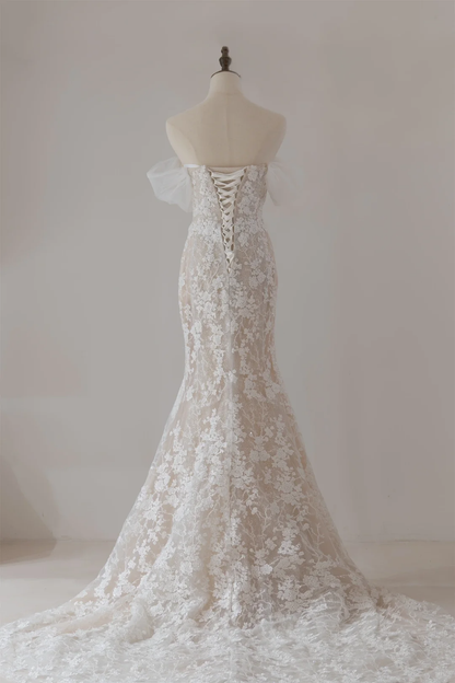 Modest Mermaid Off The Shoulder Short Sleeves Fitted Lace Corset Wedding Dress Long Bridal Gown Wedding Gowns RB1125