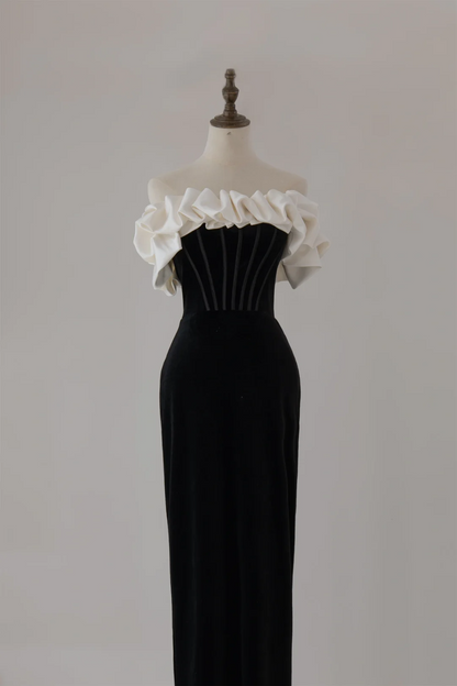 Robe fourreau unique en velours noir à épaules dénudées, robe de bal longue, tenue de soirée, tenue de remise de diplôme, RB1126