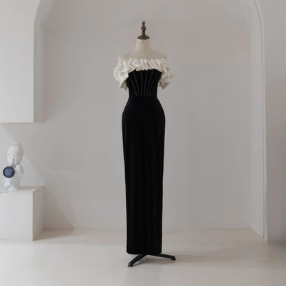Robe fourreau unique en velours noir à épaules dénudées, robe de bal longue, tenue de soirée, tenue de remise de diplôme, RB1126