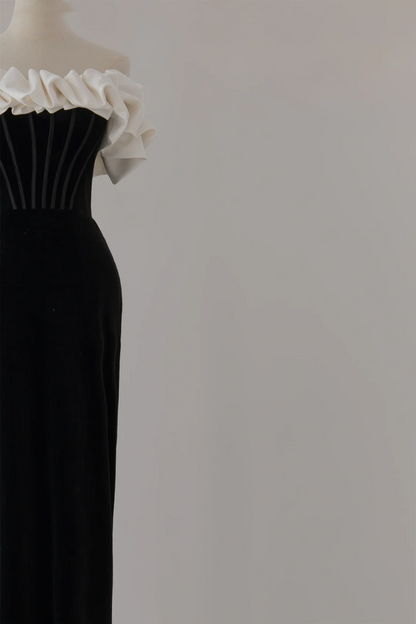 Robe fourreau unique en velours noir à épaules dénudées, robe de bal longue, tenue de soirée, tenue de remise de diplôme, RB1126