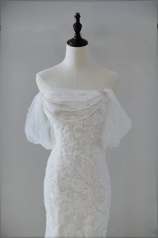 Modest Mermaid Off The Shoulder Short Sleeves Fitted Lace Corset Wedding Dress Long Bridal Gown Wedding Gowns RB1128